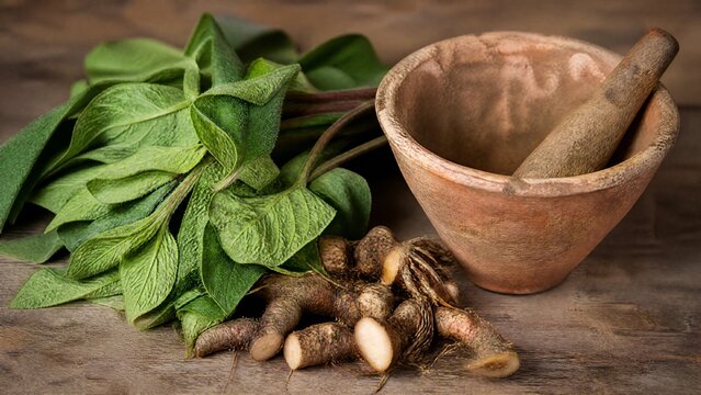 Fresh comfrey leaves and roots placed beside a rough clay mortar on wood.