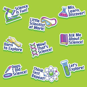 Science and chemistry doodle sticker pack vector illustration