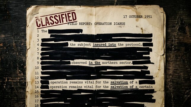Top-down view of ripped aged classified document with red stamp and black redacted text on wooden surface