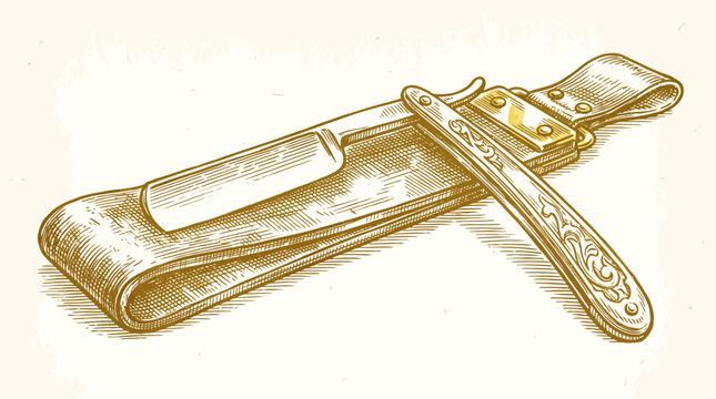 Vintage Engraving of a Straight Razor and Leather Sharpening Strop