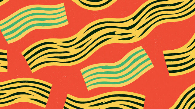 Colorful abstract pattern of green and yellow waves on a vibrant red background.