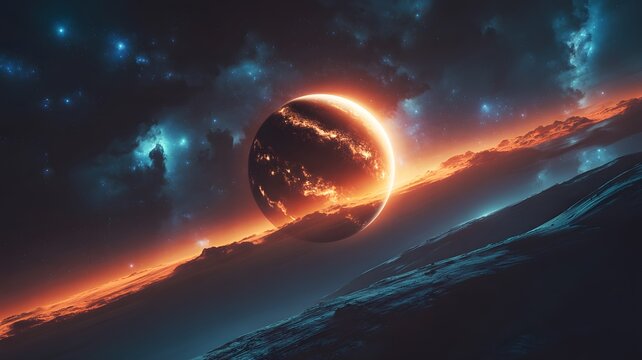 Epic cosmic landscape with glowing planet, starry sky, nebula and rocky alien surface