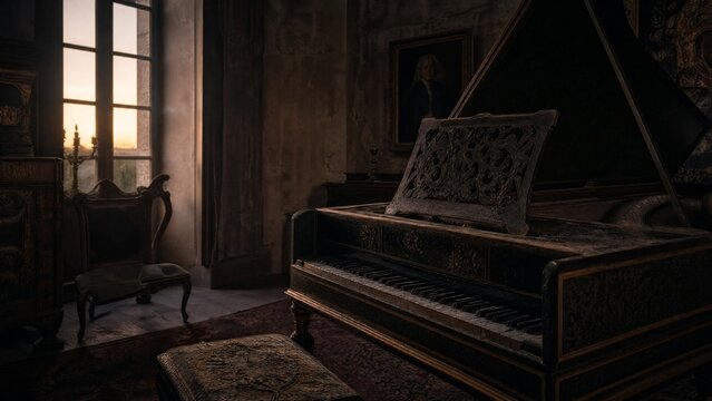 Quiet room in an old castle at dusk, a dusty harpsichord in warm fading light.