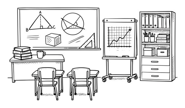Empty classroom with chalkboard, flip chart, and student desks, representing education, learning, and school concepts