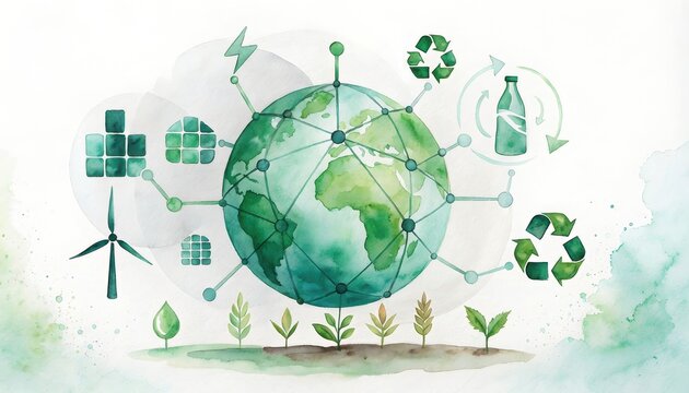 BCG innovation eco-friendly watercolor concept. Green earth surrounded by renewable energy and recycling icons in watercolor style