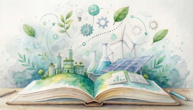 BCG innovation eco-friendly watercolor concept. Open book with eco-friendly concepts like factories, wind turbines, and solar panels.