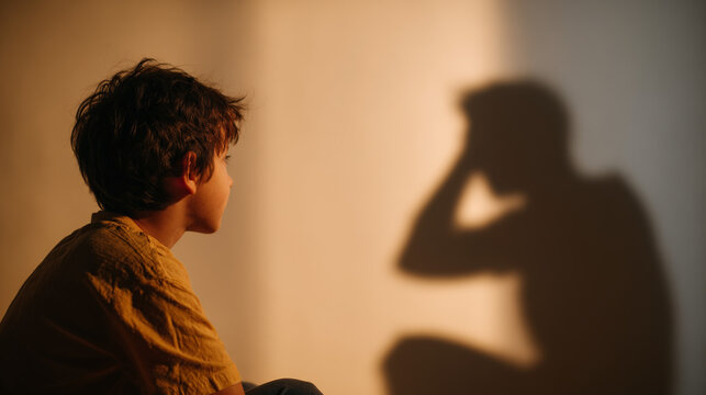 Young boy watching shadow of adult silhouette on wall