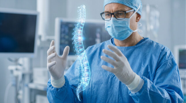 Surgeon examining a holographic 3d model of a human spine in a modern hightech operating room using augmented reality technology