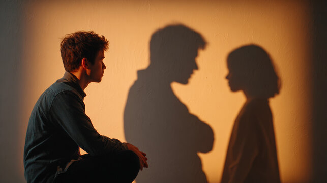 Man observing couple shadows projected on textured interior wall