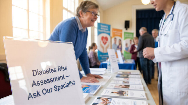 A senior woman speaking with a healthcare professional at a diabetes risk assessment booth in a community health center