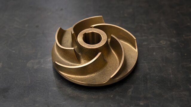 A single bronze impeller component isolated on a dark workshop table.