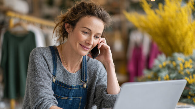 Female shop owner working on laptop while talking on phone