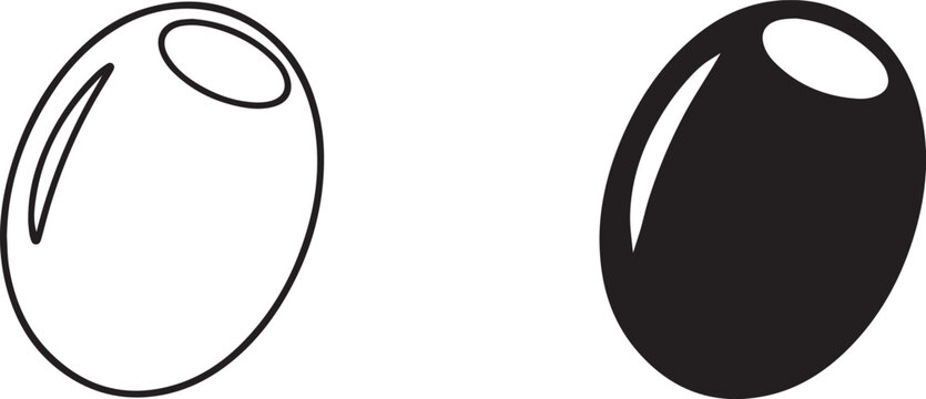 Flat Vector Black Olive Fruit Silhouette and Outline Icon.