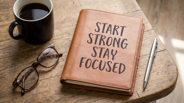 Top view of a brown leather notebook with the text start strong stay focused, a cup of coffee, glasses, and a pen on a wooden table