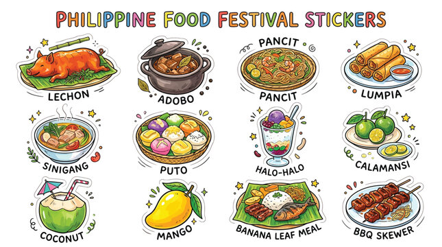 Collection of Philippine Food Festival Stickers featuring popular dishes like Lechon, Adobo, Pancit, Lumpia, and Halo-Halo.