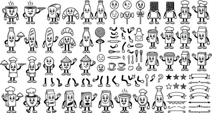 Vintage rubber hose cartoon mascot creator kit featuring retro food characters coffee cups bread milk bottles chef hats arms and legs line art elements vector