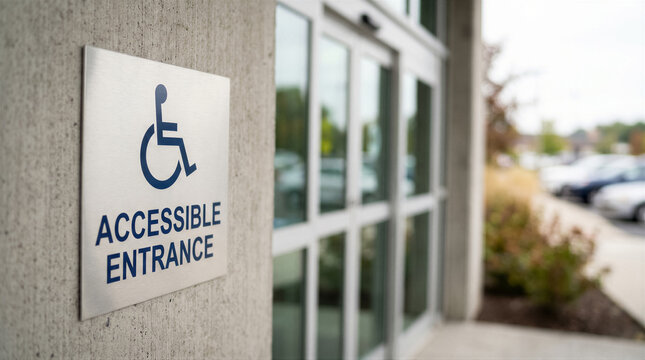 Accessible entrance sign on a concrete wall next to glass automatic doors at a building entrance with a parking lot in the background