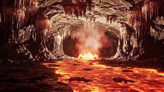 Volcanic cave with glowing lava stream and explosion