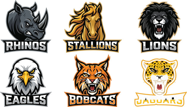 Fierce wild animal sports mascot vector logo set featuring aggressive rhinos stallions lions eagles bobcats and jaguars emblems isolated on white background