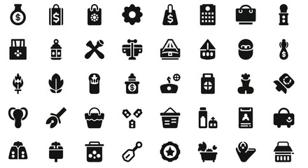 Fototapeta premium Various icons of objects and symbols are displayed on a plain surface.