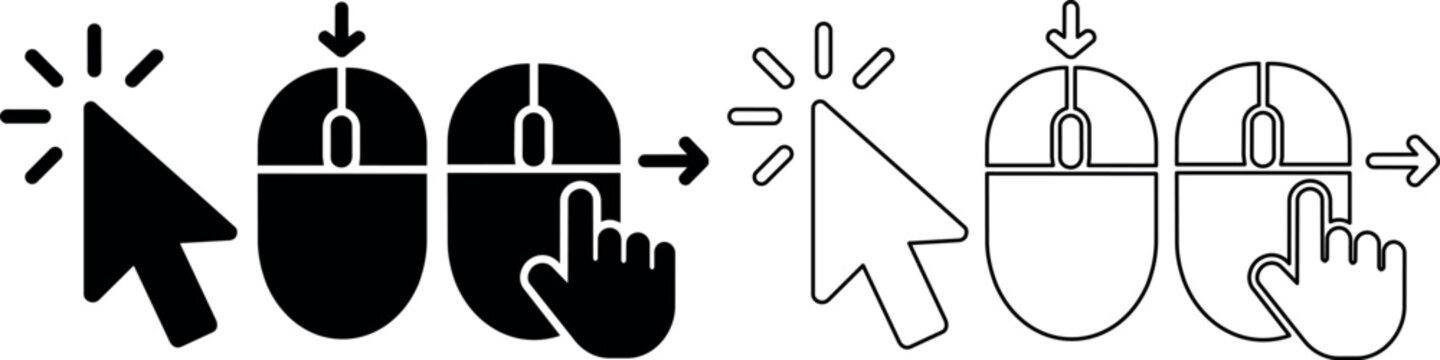 Mouse cursor and computer mouse icons with click and scroll actions