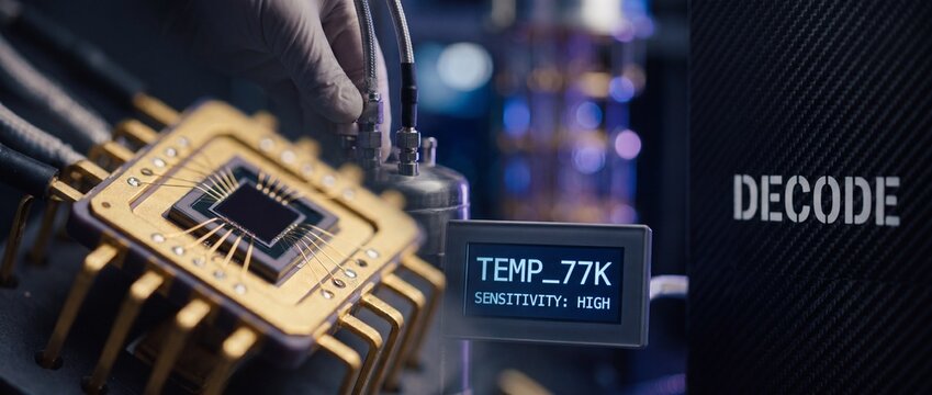 Quantum computer processor microchip technology testing in laboratory, scientist hand connecting cryo cables to gold sensor for high sensitivity data decoding and advanced physics experiment.