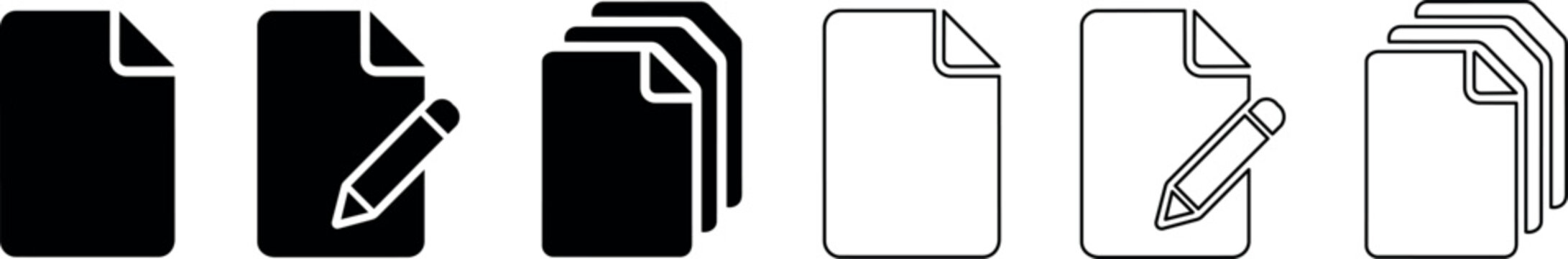 Set of single and multiple document icons with and without pencil for editing