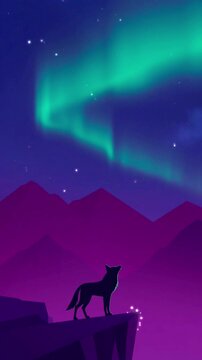 Wolf Silhouette Under Green Aurora Borealis Night Sky