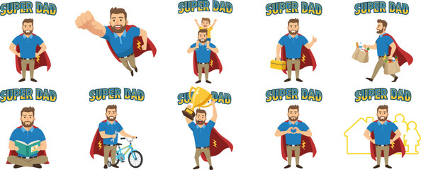 Fototapeta premium Father with Superhero Cape, Dad Holding Child, Carrying Groceries, Reading Book, Riding Bike, Holding Trophy, Presenting House, Fatherhood Celebration