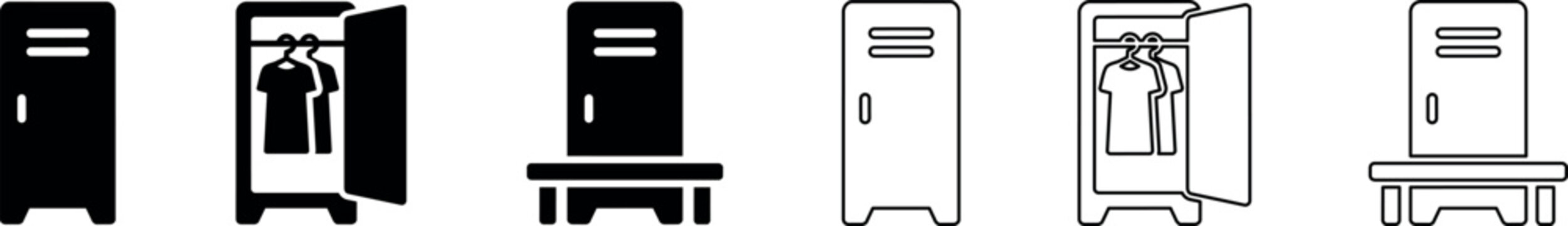 Locker cabinet and bench icons with clothing inside locker in solid and outline styles