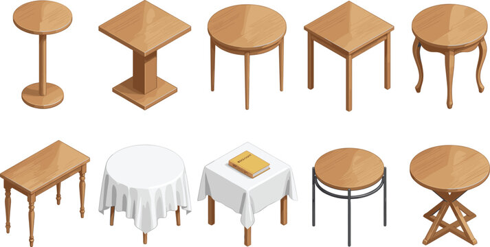 Isometric wooden table vector illustration icon set with round square rectangular folding caf&eacute; and dining tables covered in white tablecloths