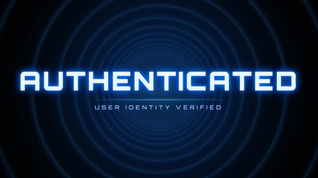 Sci-fi user authentication sequence with a glowing blue digital ring and audio equalizer spikes breaking into glowing glass shards
