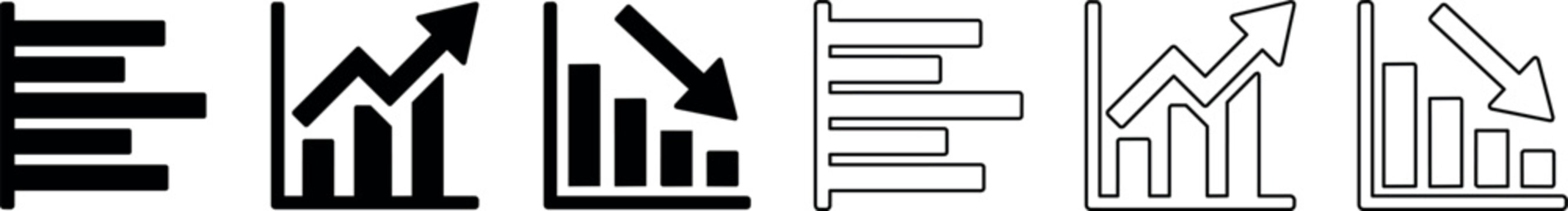 Set of black and outline horizontal bar charts and line graphs showing increase and decrease trends