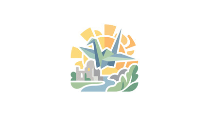 Obraz premium Origami Crane Flying Over River and Castle Landscape