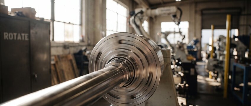 Metal lathe turning shaft machine in precision engineering factory workshop. Closeup of rotating steel component on cnc equipment with robotic arm background in bright modern manufacturing facility.