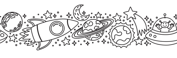 Seamless horizontal pattern with rocket, ringed planet, crescent moon, stars, shooting star and alien in UFO flying saucer. Outer space doodle border © Olga Dykun