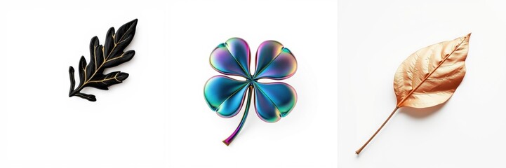 Obraz premium Three botanical elements displayed. Dark foliage, iridescent clover, golden leaf. Minimalist composition, clean background, vibrant colors.