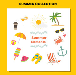 Obraz premium Summer seasonal elements vector collection with beach vacation icons