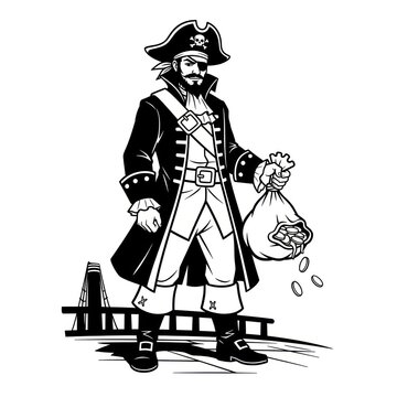 Black-and-white illustration of a pirate with a hat and sword