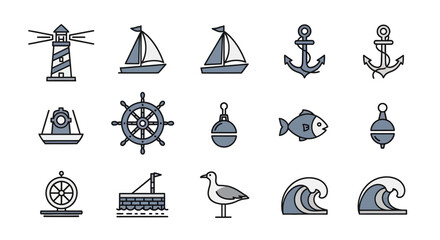 Nautical icon set lighthouse sailboats anchors and marine symbols © dino