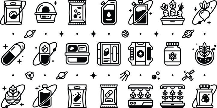 Space farming and astrobiology agriculture line icons set featuring futuristic hydroponics vertical growth pods cosmic seeds space food rations and plant nutrition vectors