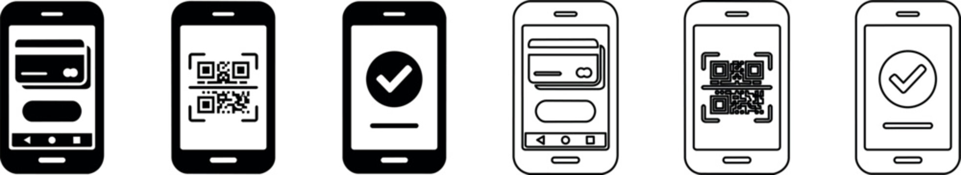 Mobile phones displaying digital payment, QR code scan, and confirmation icons in black and outline styles