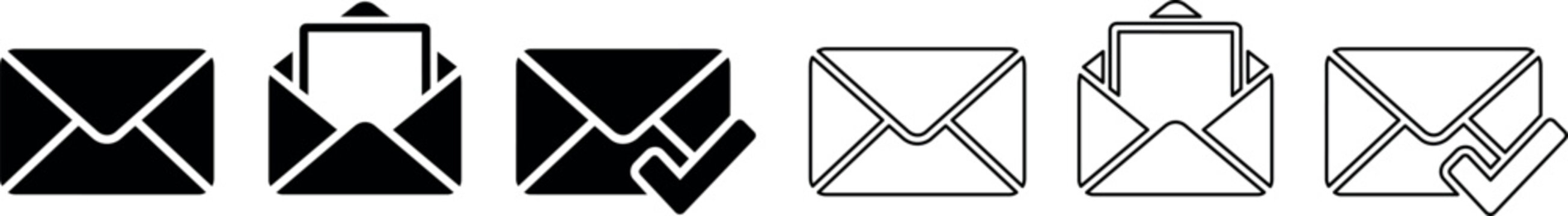 Set of black and outline mail envelope icons with check mark and open flap variations