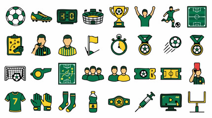 Soccer and Football Sport Icon Set: Equipment, Players, and Game Elements © Vision Plus Studio