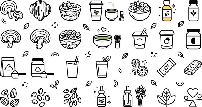 Healthy superfood nutrition and wellness line icons set featuring matcha green tea mushrooms supplements protein powder breakfast bowls nuts and organic lifestyle vectors