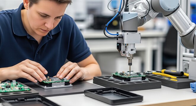 Electronics assembler and robotic screwdriving module working together show precision fastening, repeatable accuracy and efficient human machine manufacturing workflow.