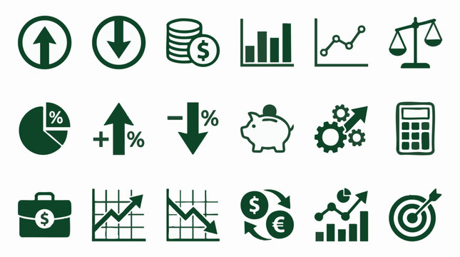 Business and finance icons set with charts, money, and growth symbols
