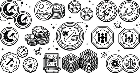 Space exploration tokens and cosmic digital economy icons set with futuristic galaxy mining technology rockets satellites and server infrastructure linear elements vector © Sujon Shah