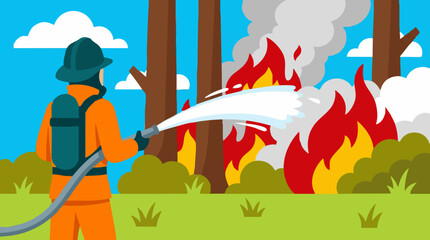 Fototapeta premium Firefighter spraying water on a forest fire, combating wildfire in nature