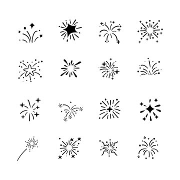 Hand Drawn Fireworks Doodle Line Icon Set, Sparkles and Starburst Vector Elements for Celebration, Party, and New Year Design